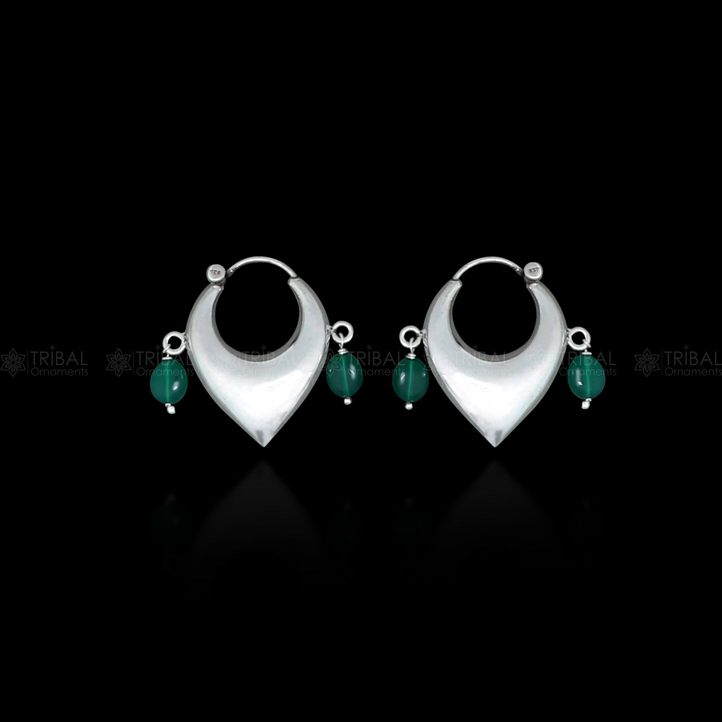 Sterling silver vintage hoop earrings with green beads, elegant cultural jewelry by TRIBAL ORNAMENTS, featuring a classic design.