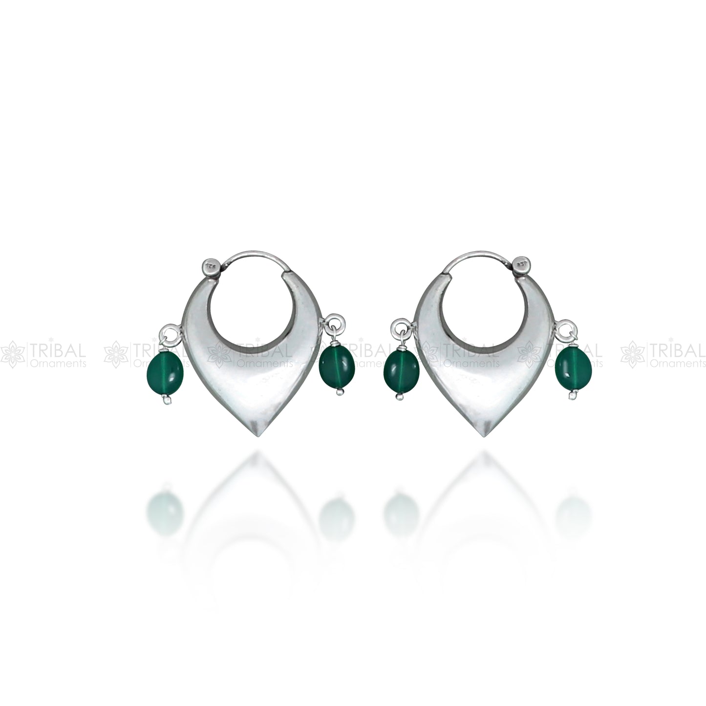 Sterling silver vintage hoop earrings with green beads, elegant tribal-inspired design, handcrafted cultural jewelry by TRIBAL ORNAMENTS.