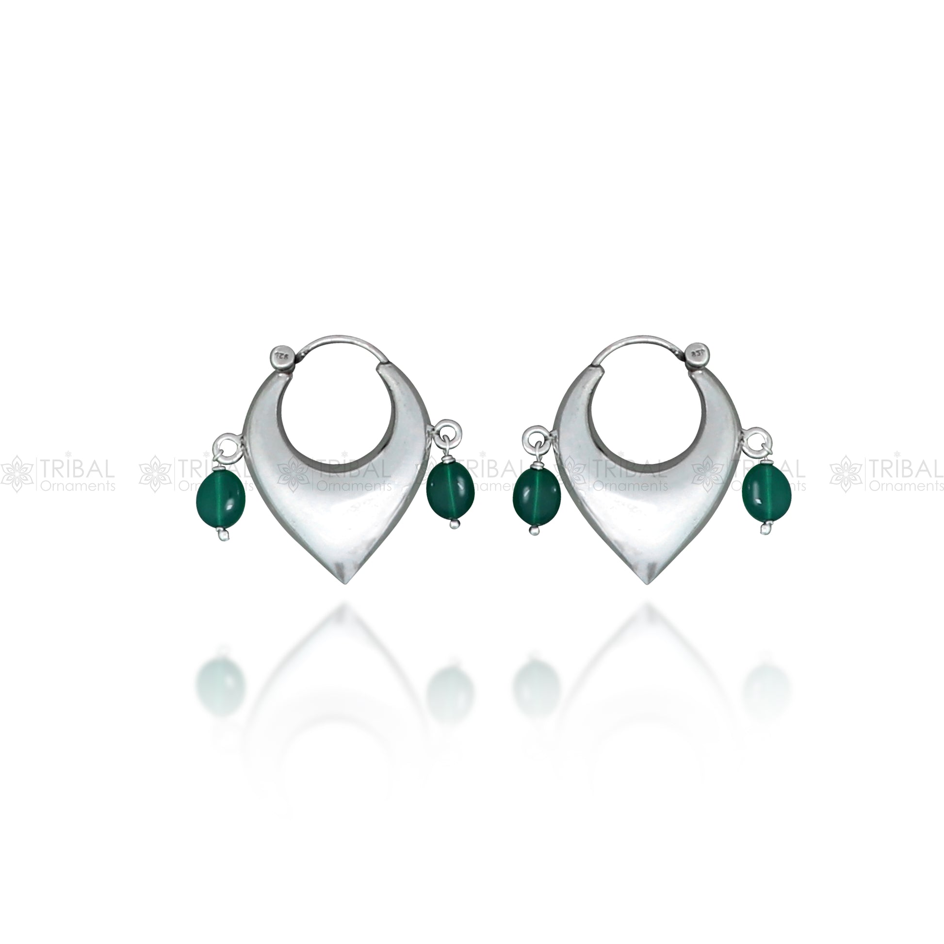 Sterling silver vintage hoop earrings with green beads, elegant tribal-inspired design, handcrafted cultural jewelry by TRIBAL ORNAMENTS.