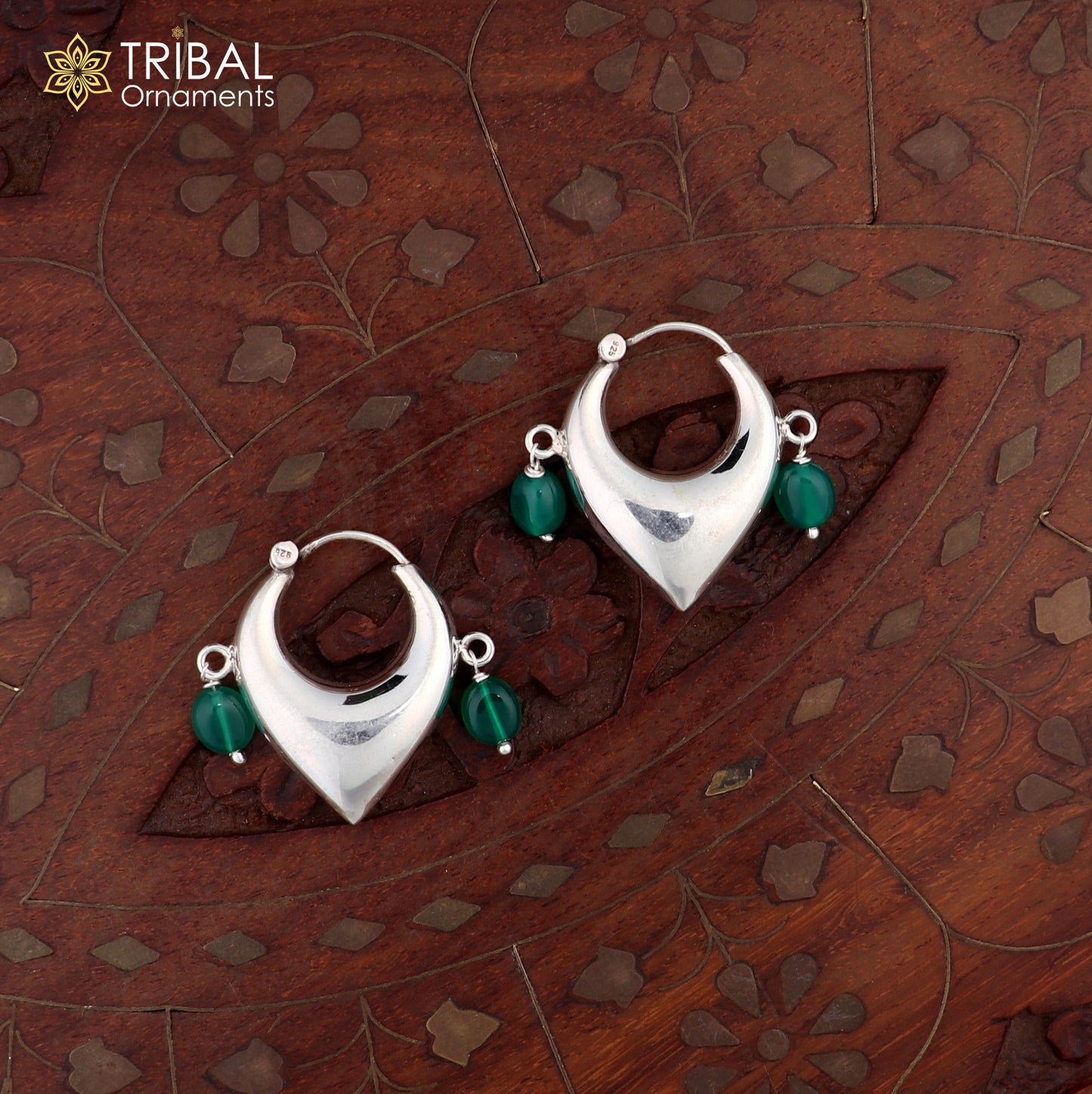 Sterling silver vintage hoop earrings with green bead design, elegant tribal-inspired cultural jewelry by TRIBAL ORNAMENTS.