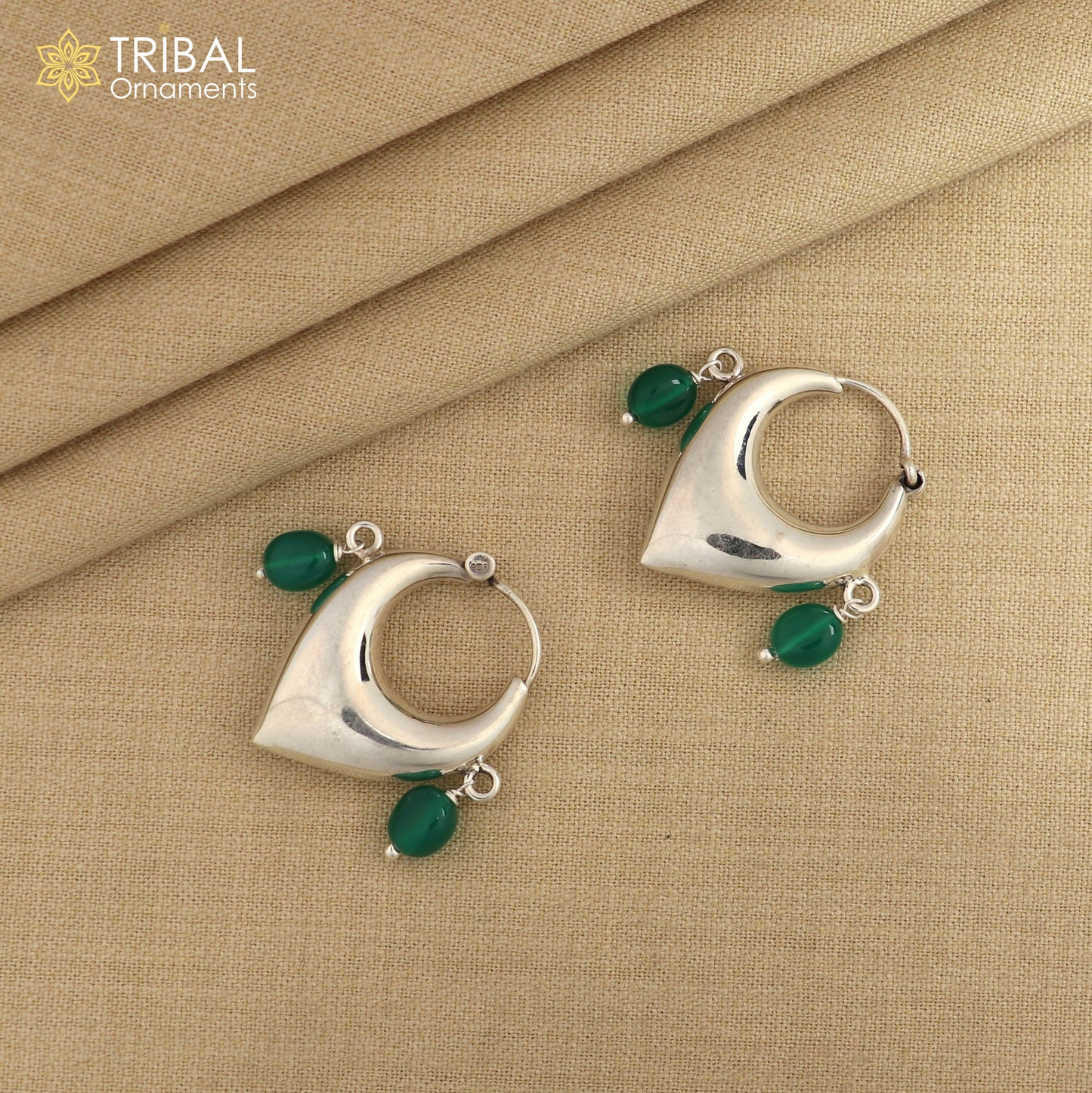 Sterling silver vintage hoop earrings with green beads, elegant cultural jewelry by TRIBAL ORNAMENTS.
