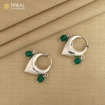 Sterling silver vintage hoop earrings with green beads, elegant cultural jewelry by TRIBAL ORNAMENTS.