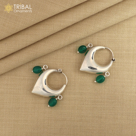 Sterling silver vintage hoop earrings with green beads, elegant cultural jewelry by TRIBAL ORNAMENTS.
