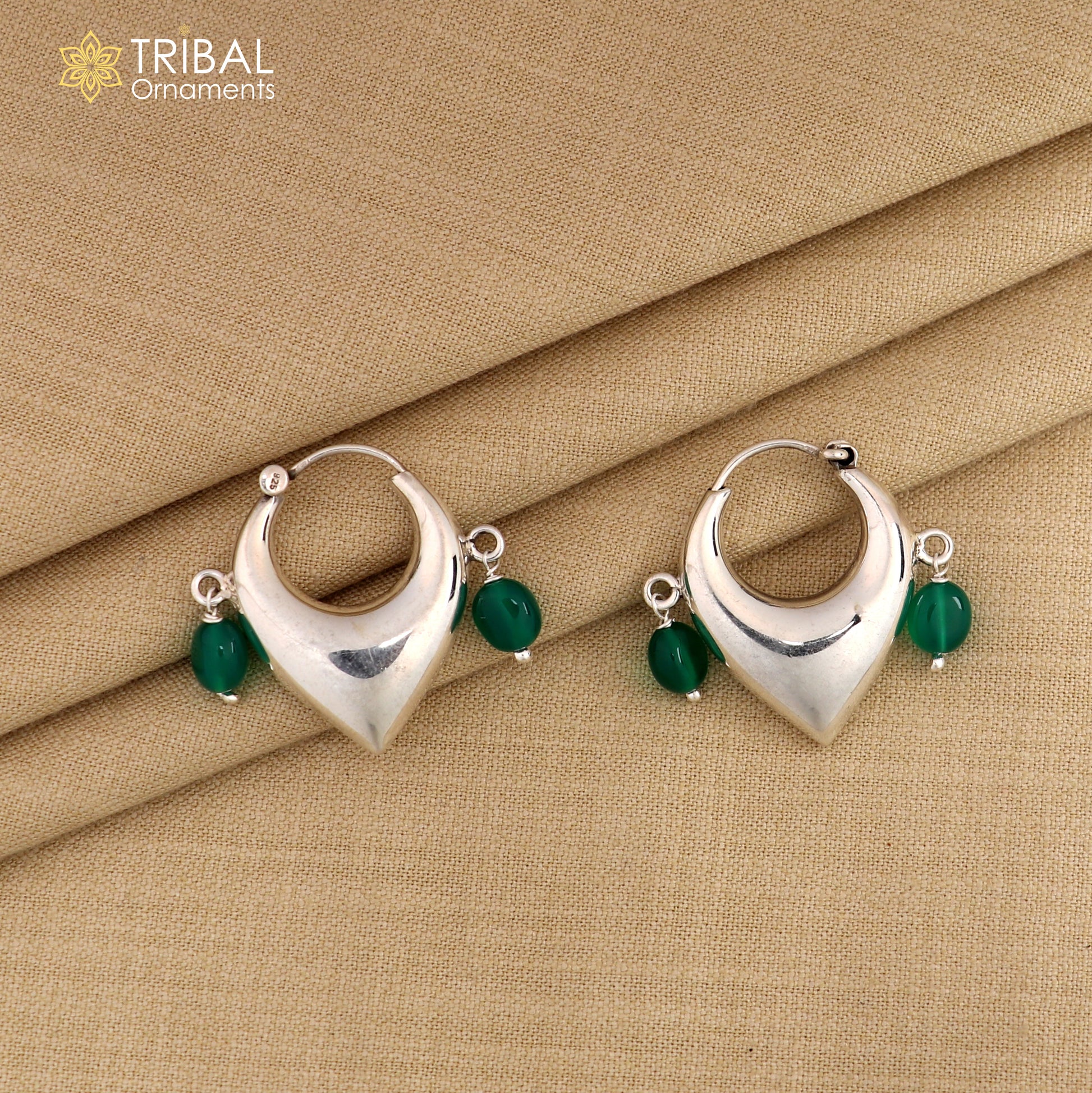 Sterling silver vintage hoop earrings with plain green beads, elegant cultural jewelry by TRIBAL ORNAMENTS.