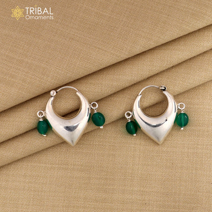 Sterling silver vintage hoop earrings with plain green beads, elegant cultural jewelry by TRIBAL ORNAMENTS.