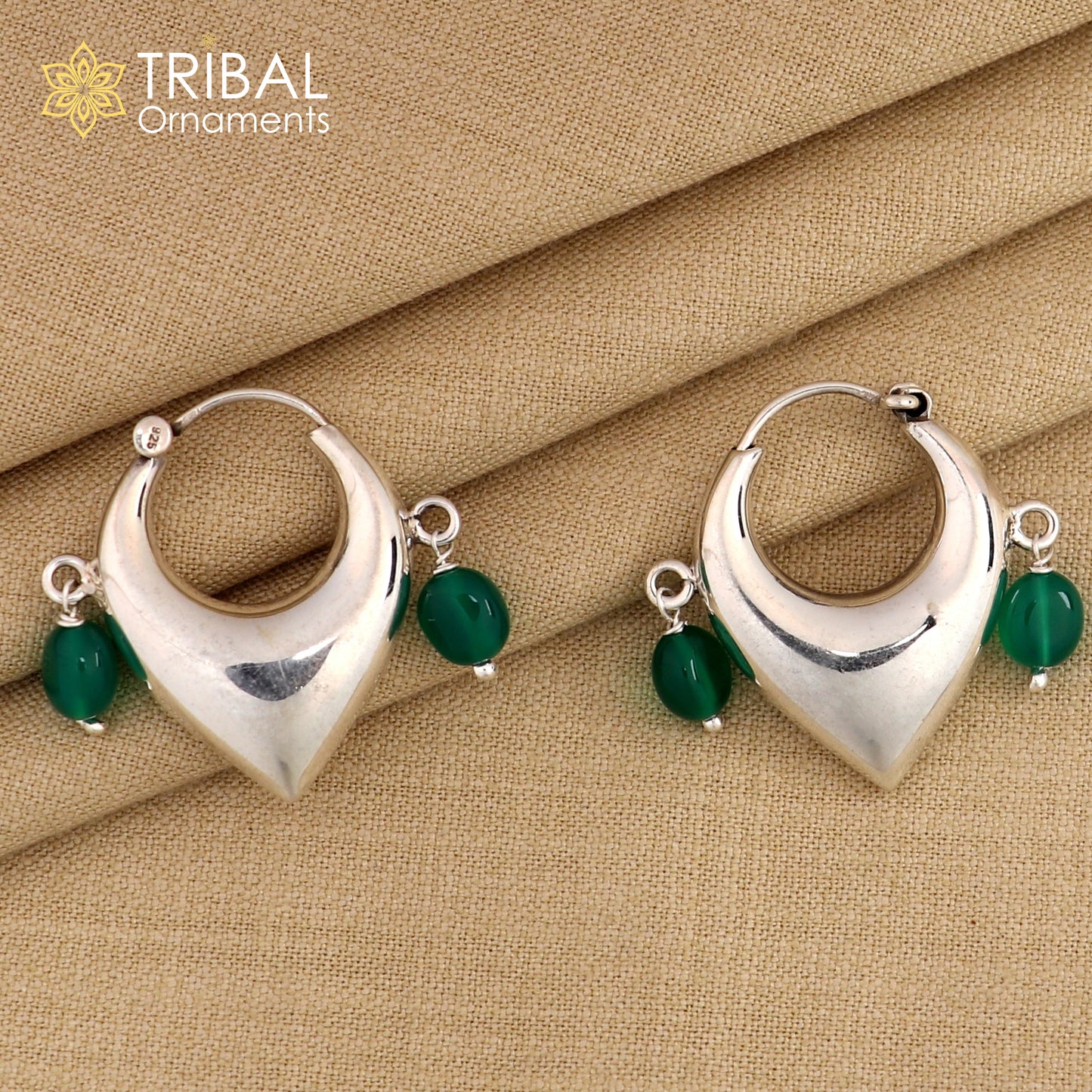 925 sterling silver vintage hoop earrings with green beads, elegant tribal design, cultural jewelry by TRIBAL ORNAMENTS