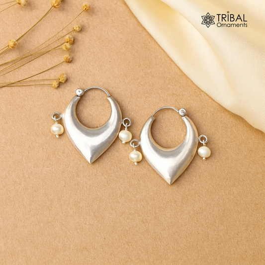 Sterling silver vintage hoop earrings with plain pearl bead design, elegant cultural jewelry from Tribal Ornaments.