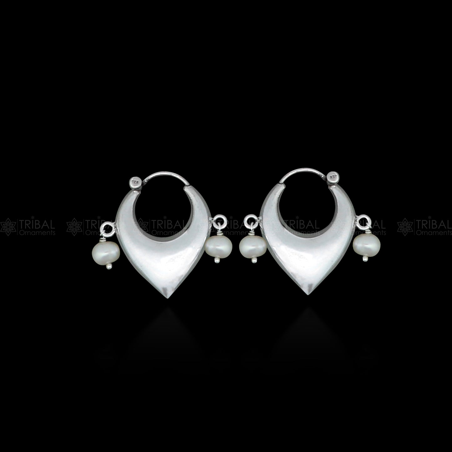 Sterling silver vintage hoop earrings with plain pearl bead design, elegant cultural jewelry by TRIBAL ORNAMENTS.
