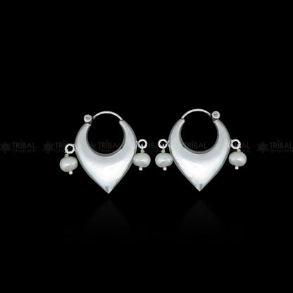 Sterling silver vintage hoop earrings with plain pearl bead design, elegant cultural jewelry by TRIBAL ORNAMENTS.