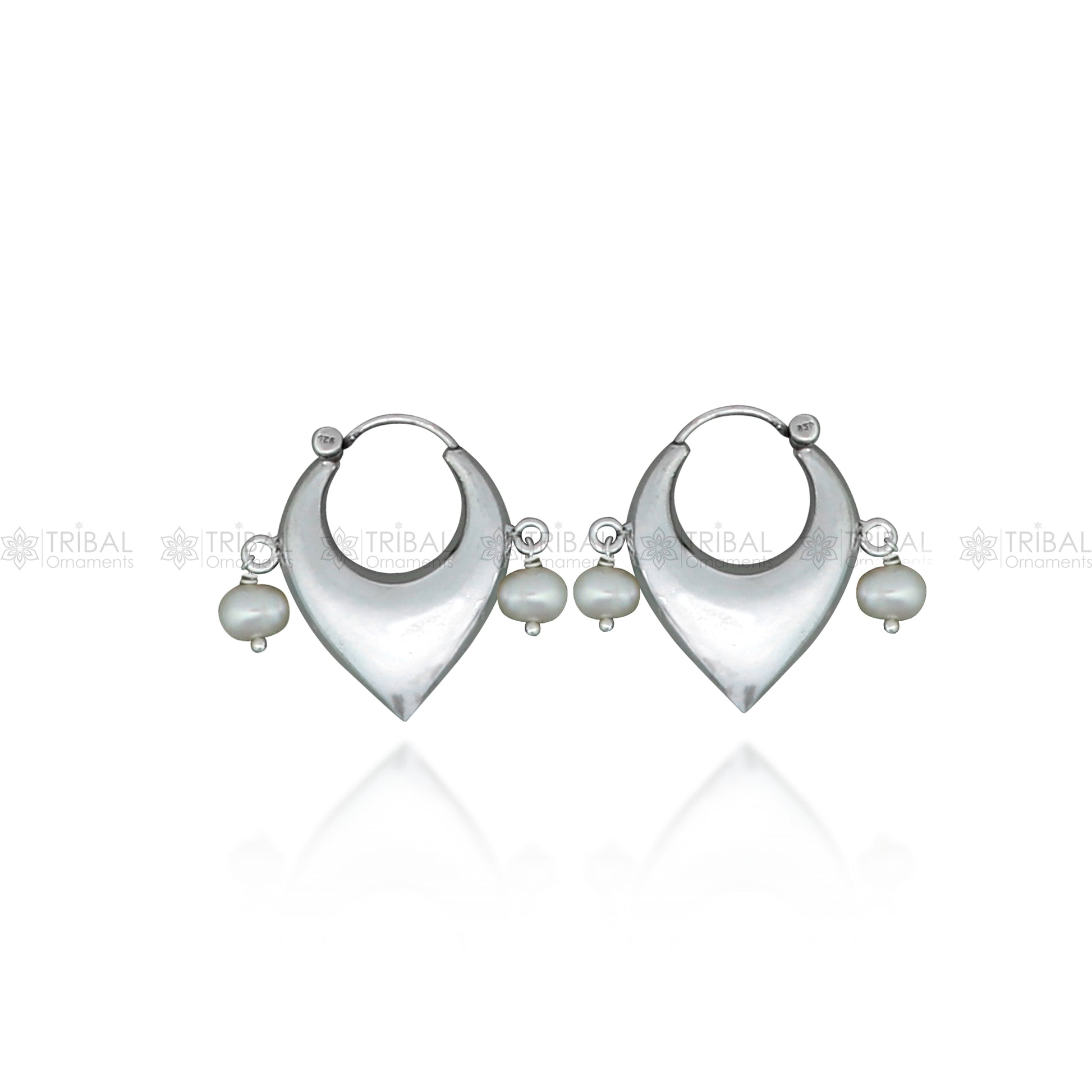 Elegant 925 sterling silver hoop earrings with vintage plain pearl beads, cultural design by TRIBAL ORNAMENTS.
