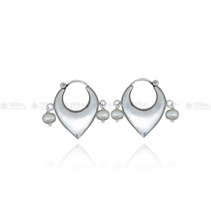 Elegant 925 sterling silver hoop earrings with vintage plain pearl beads, cultural design by TRIBAL ORNAMENTS.