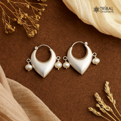 Sterling silver vintage hoop earrings with plain pearl beads, elegant cultural jewelry by TRIBAL ORNAMENTS.
