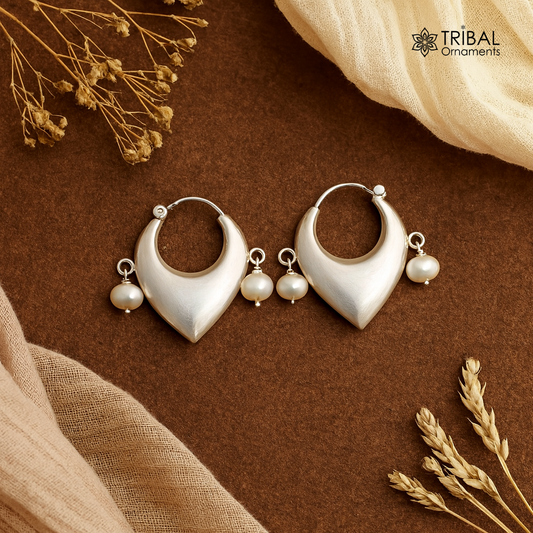 Sterling silver vintage hoop earrings with plain pearl beads, elegant cultural jewelry by TRIBAL ORNAMENTS.