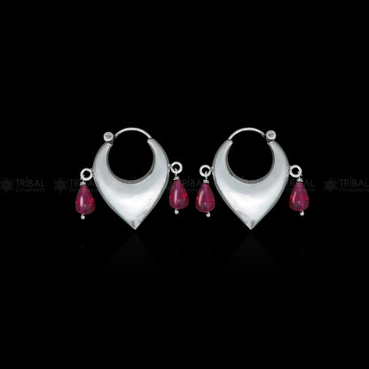 Sterling silver vintage pink beaded hoop earrings by TRIBAL ORNAMENTS, elegant cultural jewelry with plain pink beads design.