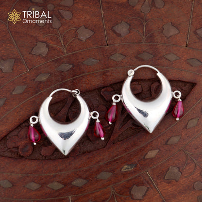 Sterling silver vintage hoop earrings with pink beads, elegant tribal-inspired design, cultural jewelry by TRIBAL ORNAMENTS