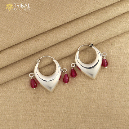 Sterling silver vintage hoops with pink beads, elegant cultural earrings by TRIBAL ORNAMENTS, stylish and lightweight jewelry.