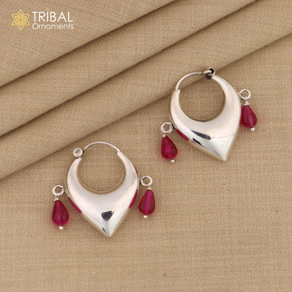 Sterling silver vintage hoop earrings with pink beads, elegant tribal design, cultural style, handmade jewelry by TRIBAL ORNAMENTS.