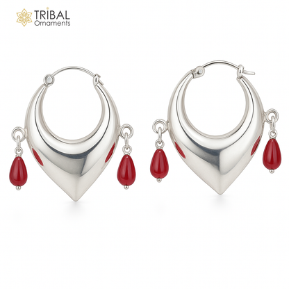 Sterling silver vintage hoop earrings with pink beads, elegant tribal-inspired design, handcrafted cultural jewelry by TRIBAL ORNAMENTS.