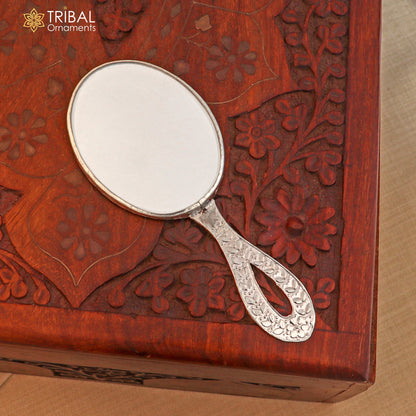925 sterling silver vintage-style mirror frame by Tribal Ornaments, intricate royal design perfect for bridal gifting from India.