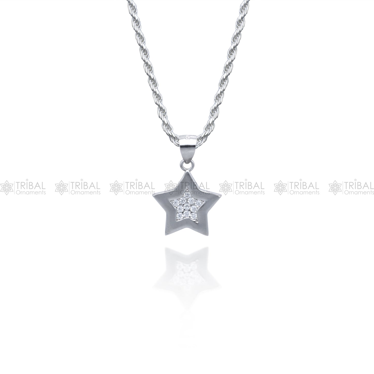 925 Sterling silver star design pendant set with cubic zirconia stones, featuring a fashionable and elegant jewelry piece.