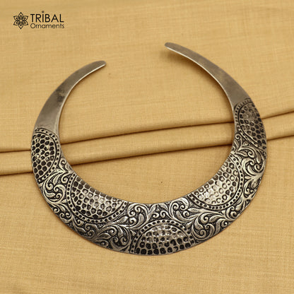 925 sterling silver fit neck choker necklace from TRIBAL ORNAMENTS, showcasing ethnic jewelry design with intricate silver detailing.