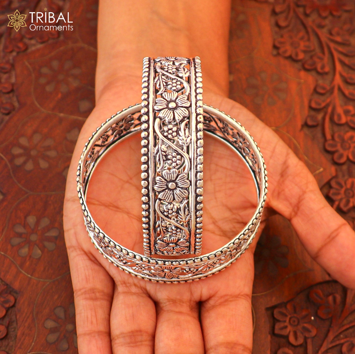 925 sterling silver floral design customized bangle kada jewelry ba443 - TRIBAL ORNAMENTS