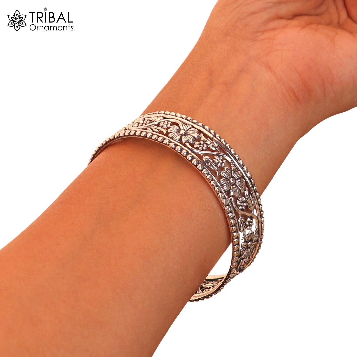 925 sterling silver floral design customized bangle kada jewelry ba443 - TRIBAL ORNAMENTS