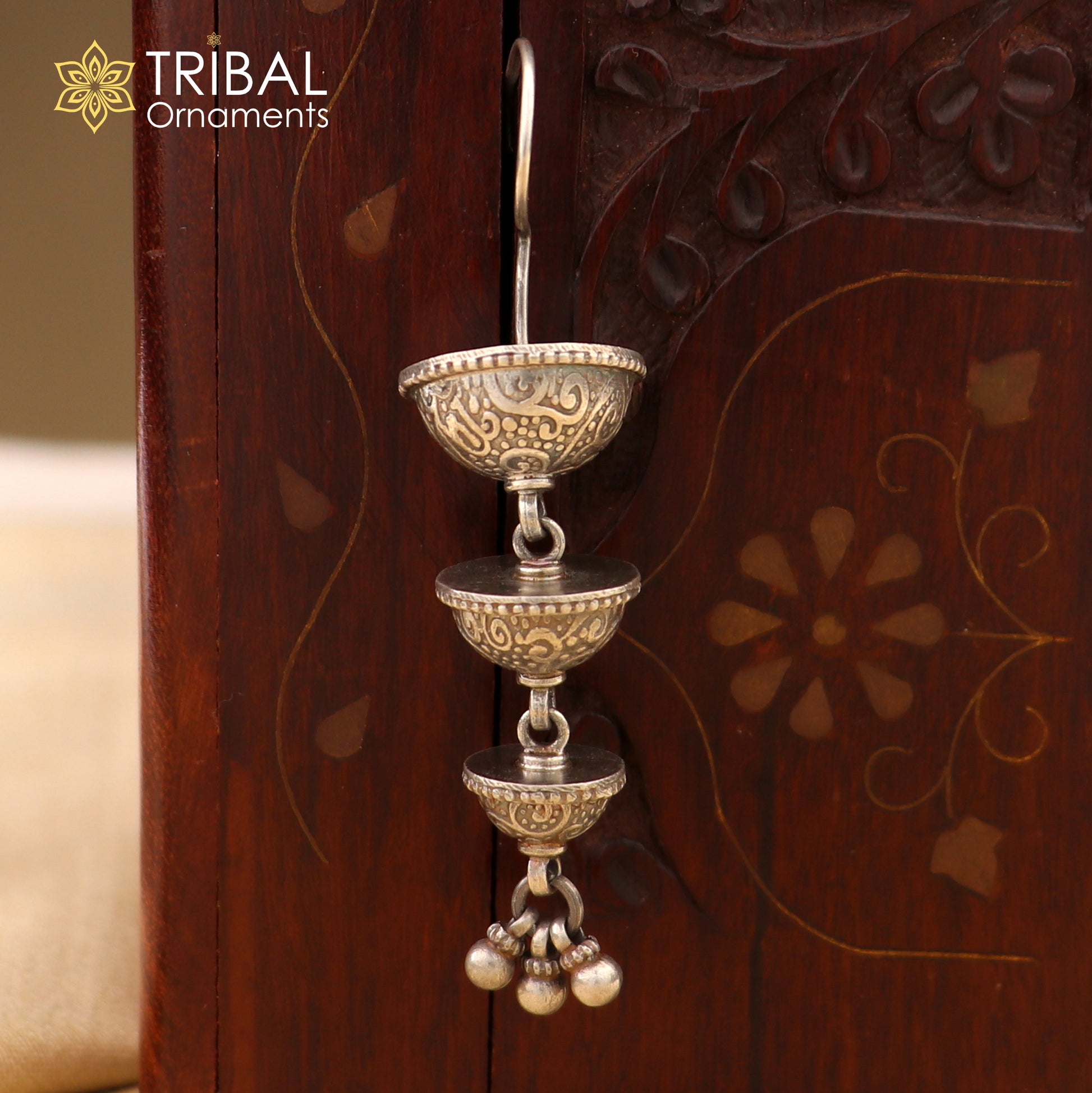 925 sterling silver floral design drop dangle long light weight fancy girl's earring brides jewelry S1252 - TRIBAL ORNAMENTS