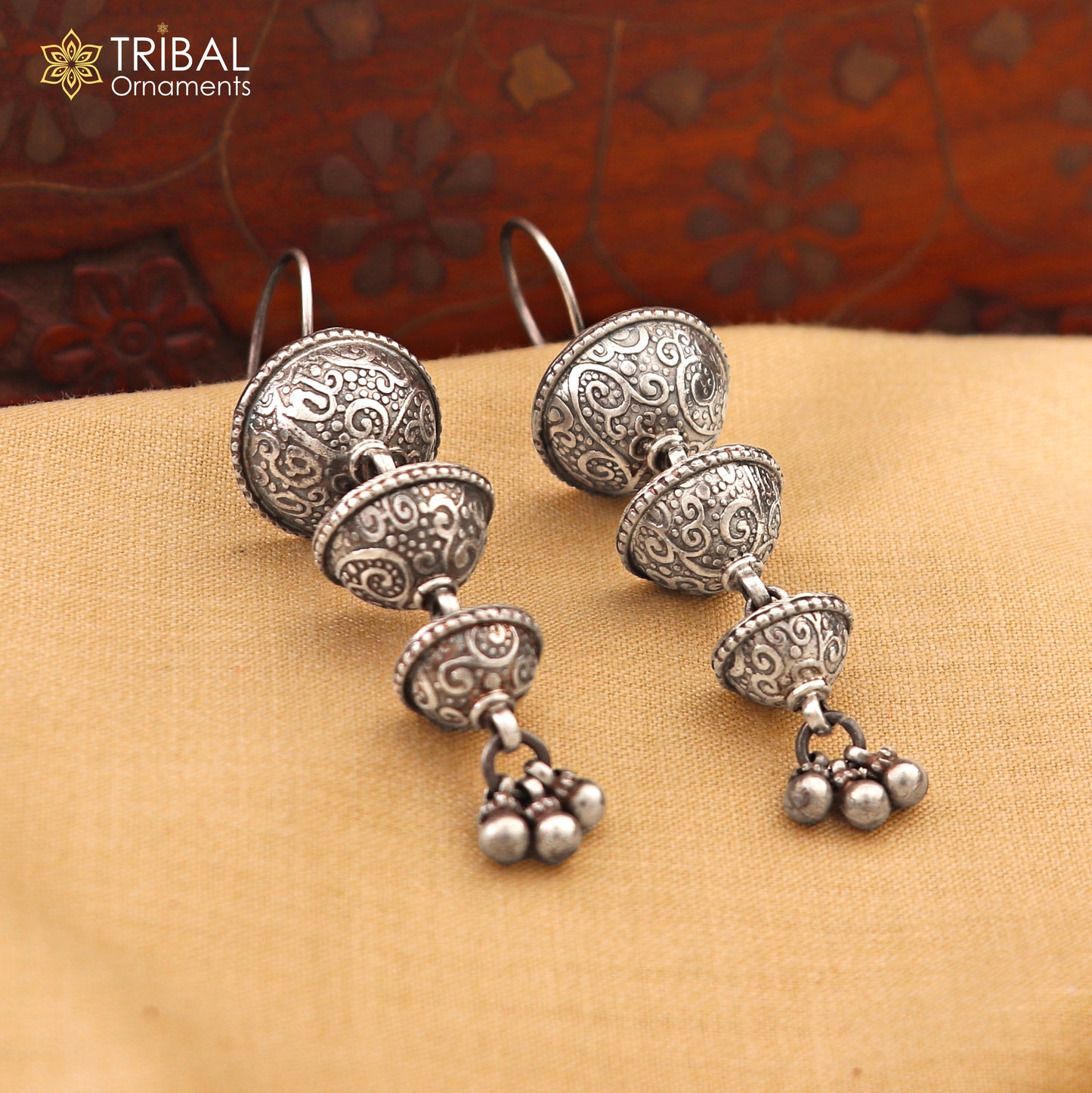 925 sterling silver floral design drop dangle long light weight fancy girl's earring brides jewelry S1252 - TRIBAL ORNAMENTS