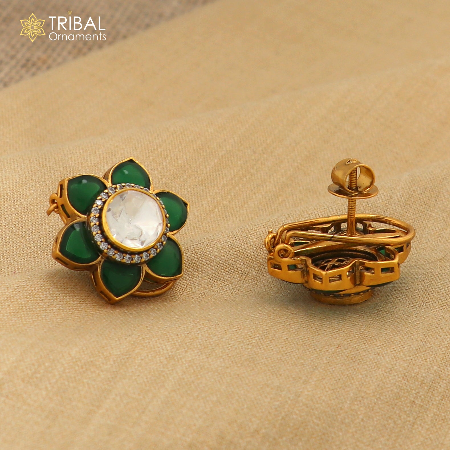 925 sterling silver floral design green kundan stud polki style earring er208 - TRIBAL ORNAMENTS