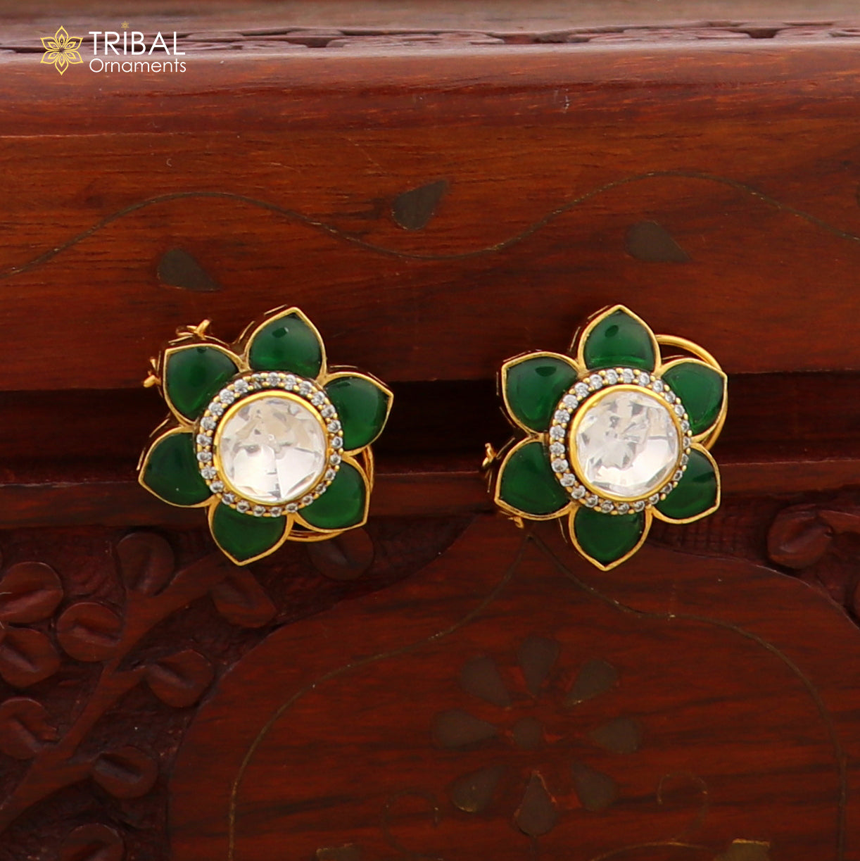 925 sterling silver floral design green kundan stud polki style earring er208 - TRIBAL ORNAMENTS