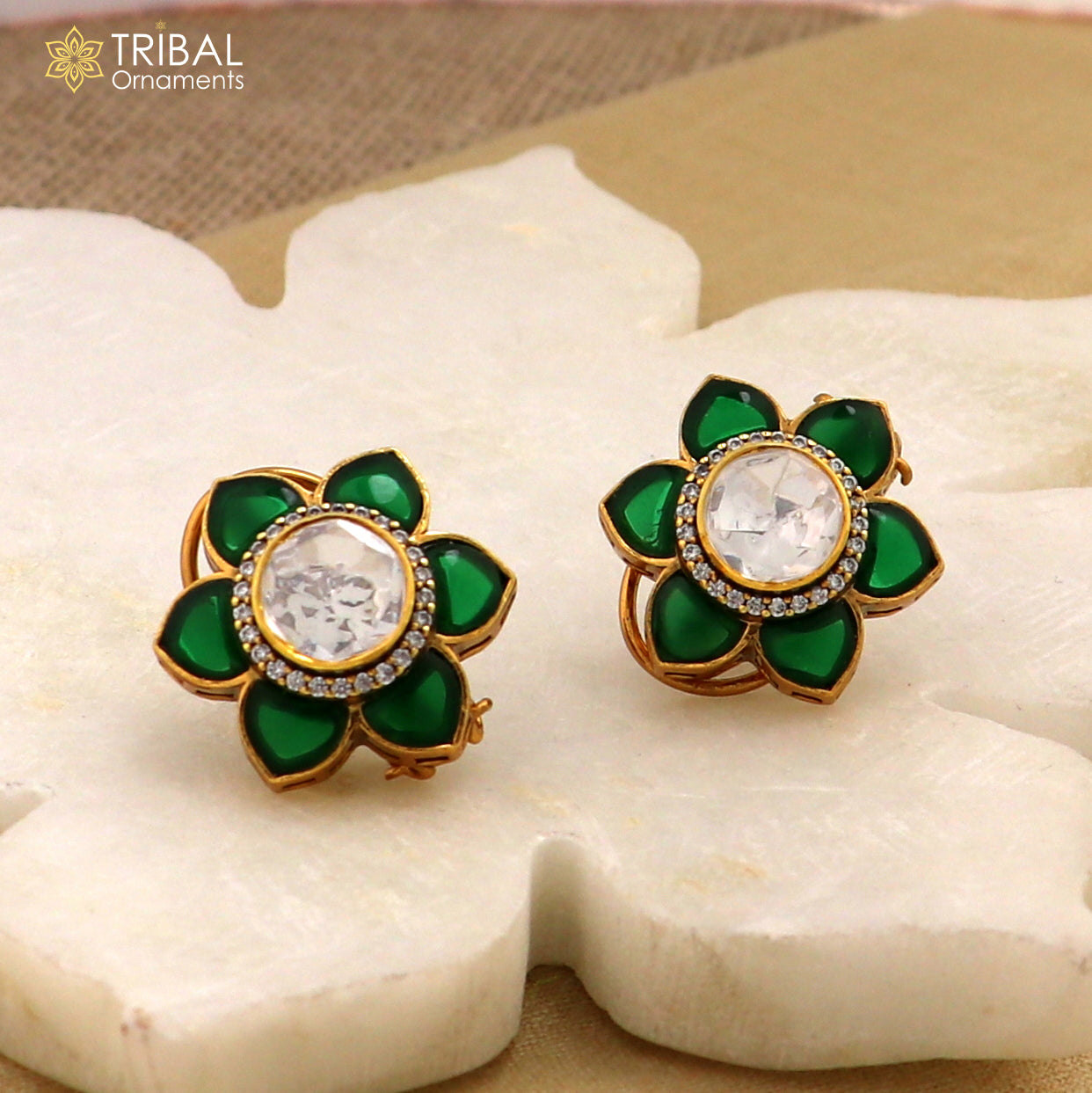 925 sterling silver floral design green kundan stud polki style earring er208 - TRIBAL ORNAMENTS