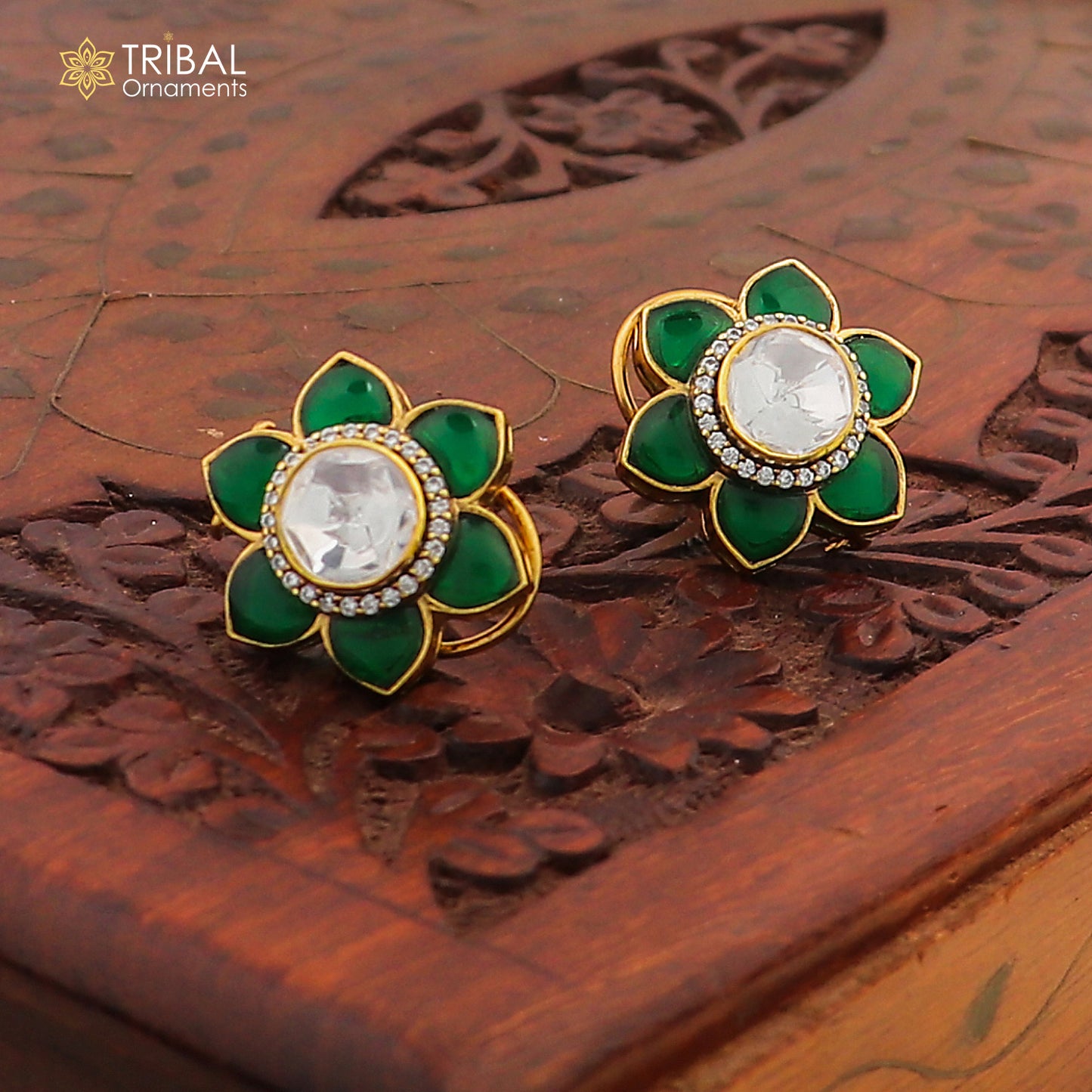925 sterling silver floral design green kundan stud polki style earring er208 - TRIBAL ORNAMENTS