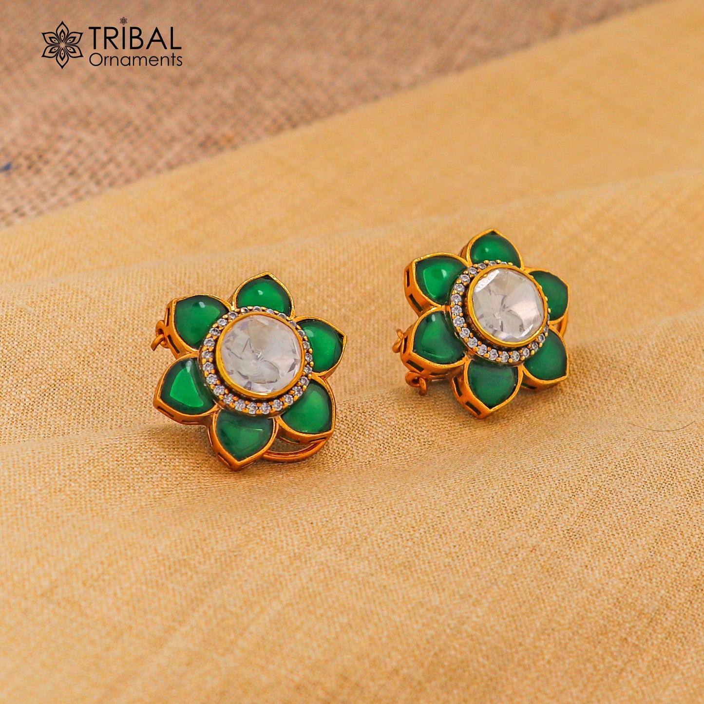 925 sterling silver floral design green kundan stud polki style earring er208 - TRIBAL ORNAMENTS