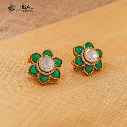 925 sterling silver floral design green kundan stud polki style earring er208 - TRIBAL ORNAMENTS
