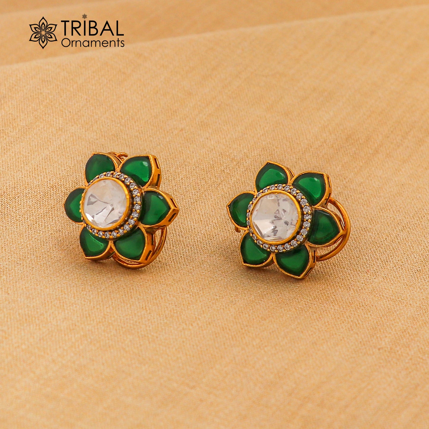 925 sterling silver floral design green kundan stud polki style earring er208 - TRIBAL ORNAMENTS
