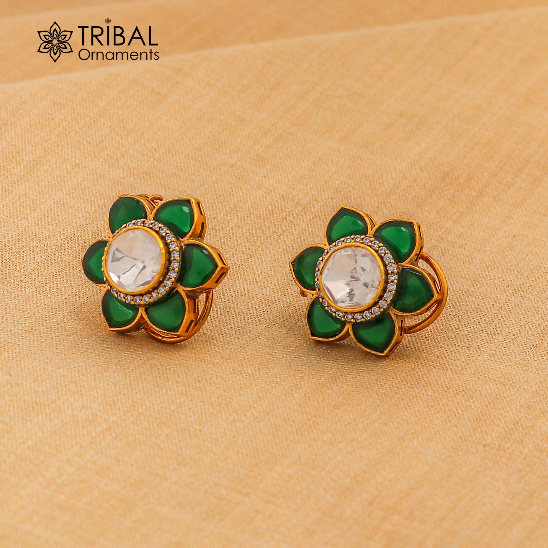 925 sterling silver floral design green kundan stud polki style earring er208 - TRIBAL ORNAMENTS