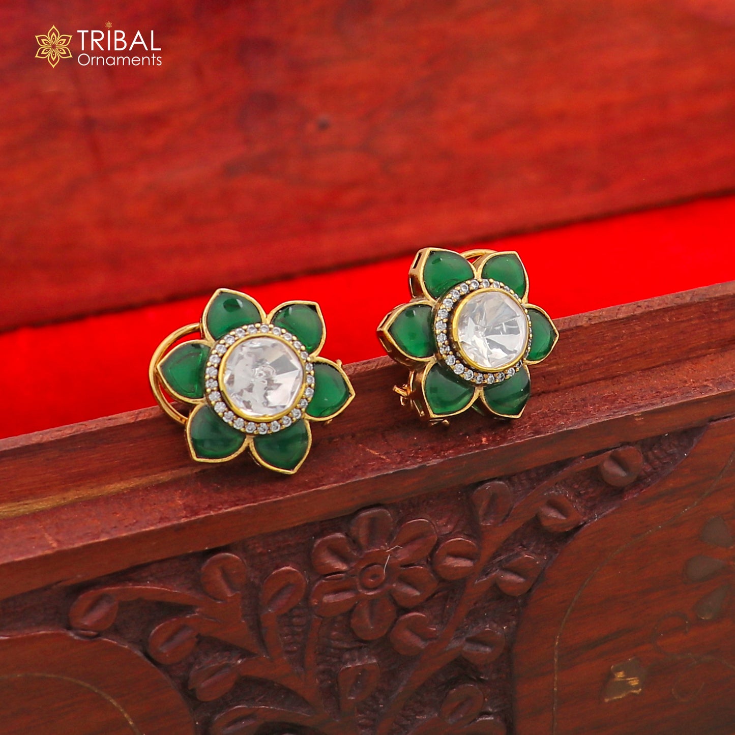 925 sterling silver floral design green kundan stud polki style earring er208 - TRIBAL ORNAMENTS
