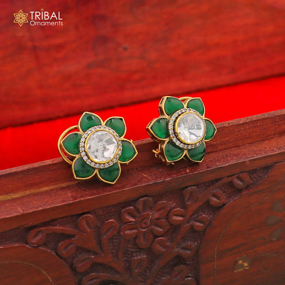 925 sterling silver floral design green kundan stud polki style earring er208 - TRIBAL ORNAMENTS