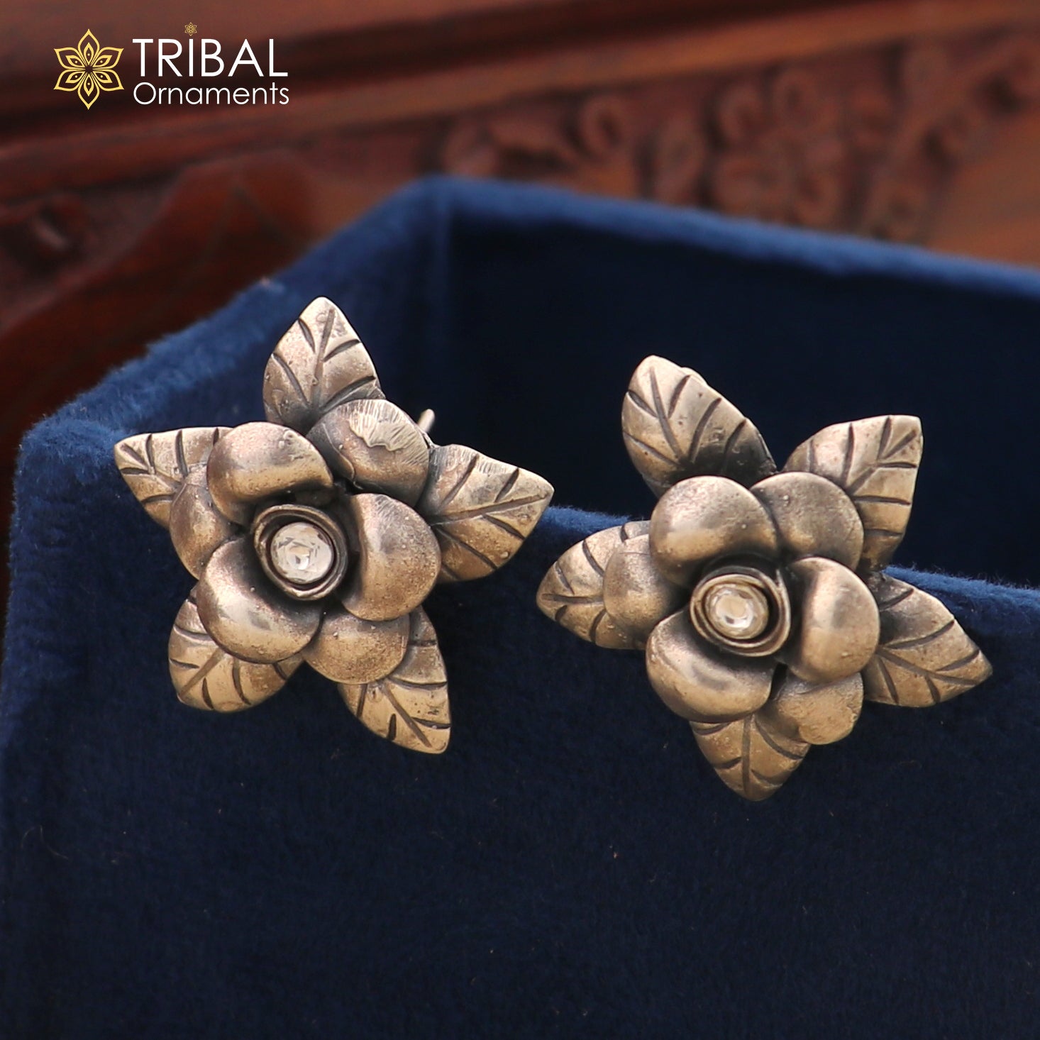 925 sterling silver floral design Stud earring with single stone fancy girl's earring brides jewelry S1254 - TRIBAL ORNAMENTS