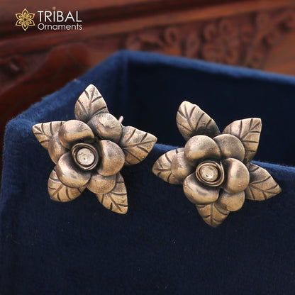 925 sterling silver floral design Stud earring with single stone fancy girl's earring brides jewelry S1254 - TRIBAL ORNAMENTS