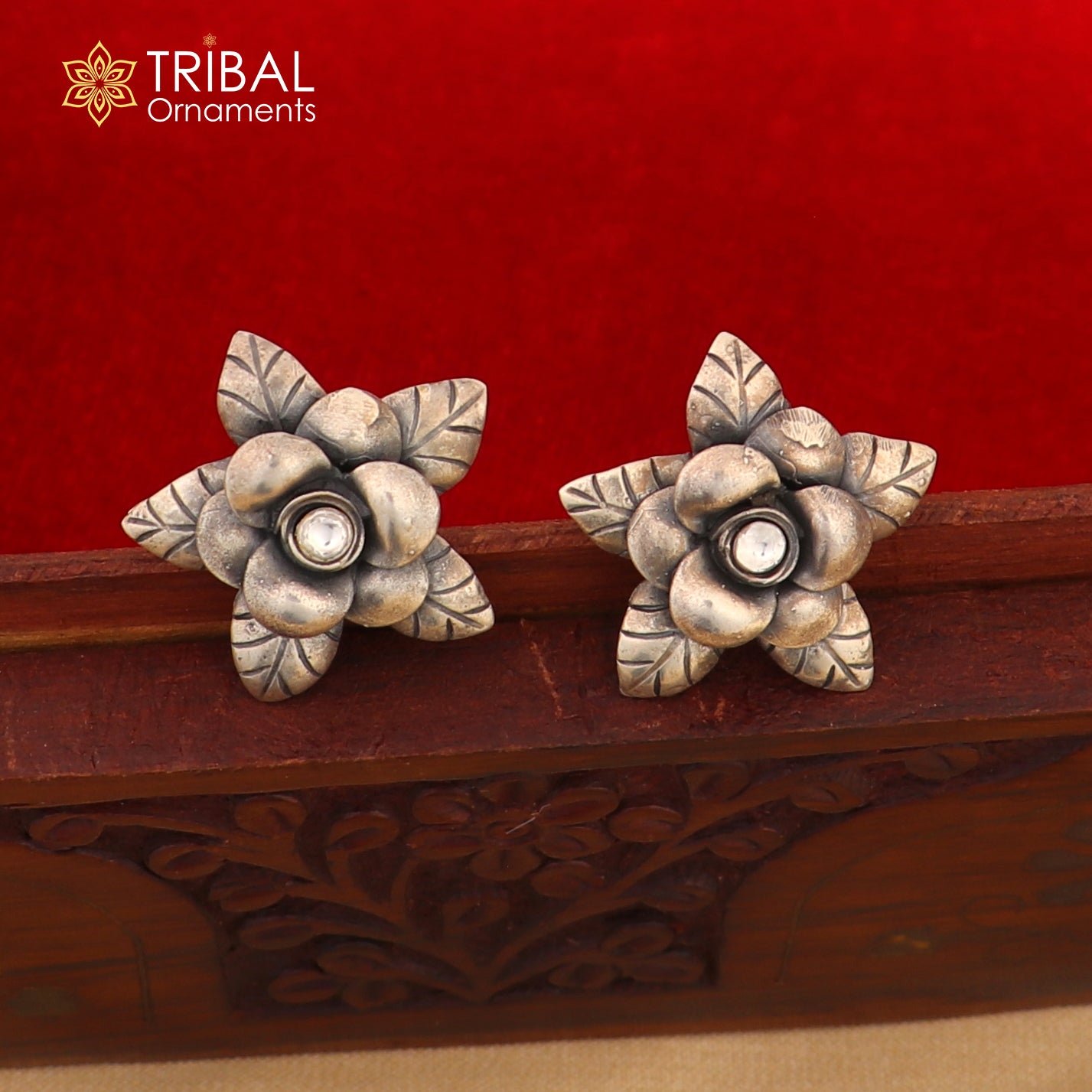 925 sterling silver floral design Stud earring with single stone fancy girl's earring brides jewelry S1254 - TRIBAL ORNAMENTS