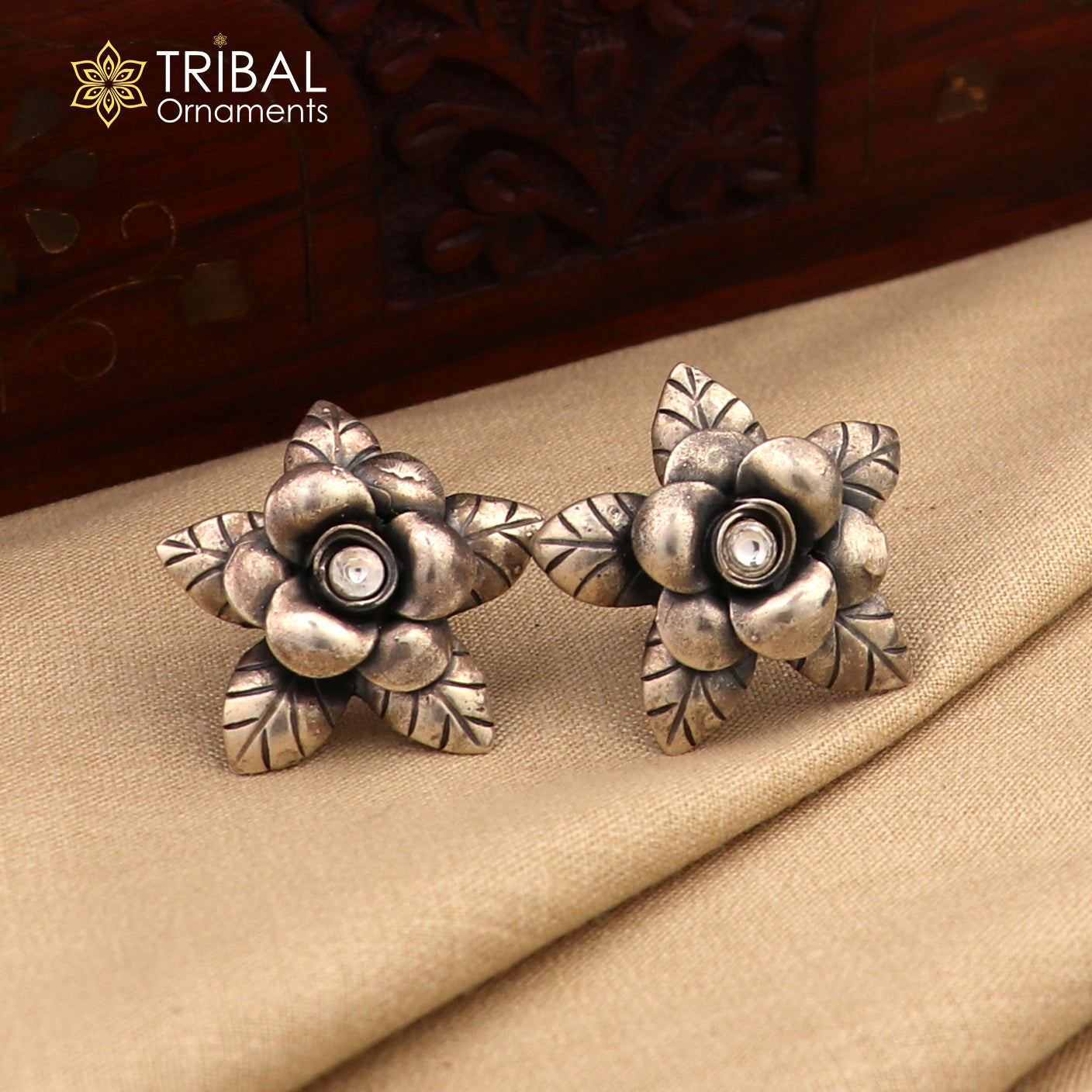 925 sterling silver floral design Stud earring with single stone fancy girl's earring brides jewelry S1254 - TRIBAL ORNAMENTS
