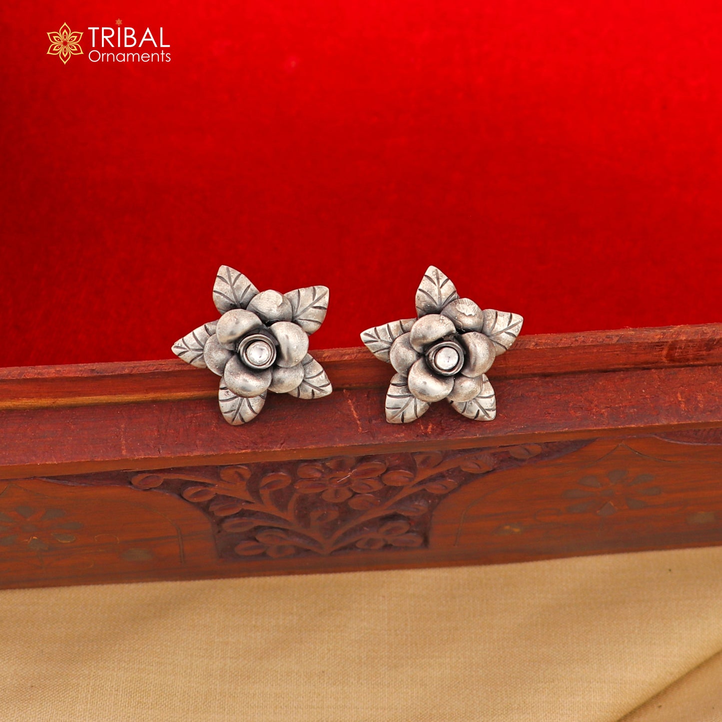 925 sterling silver floral design Stud earring with single stone fancy girl's earring brides jewelry S1254 - TRIBAL ORNAMENTS