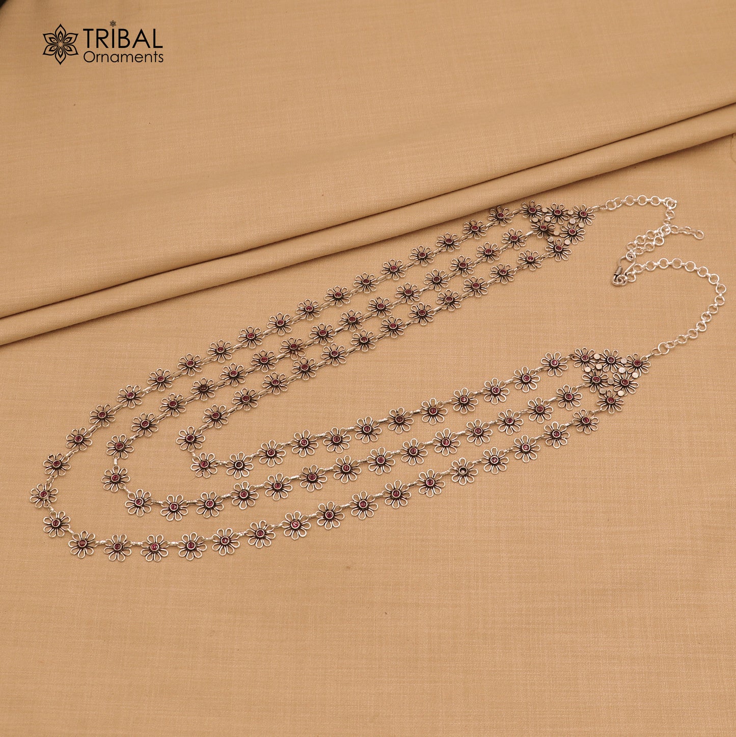 925 sterling silver floral style red stone 3 line necklace set ethnic jewelry set794 - TRIBAL ORNAMENTS