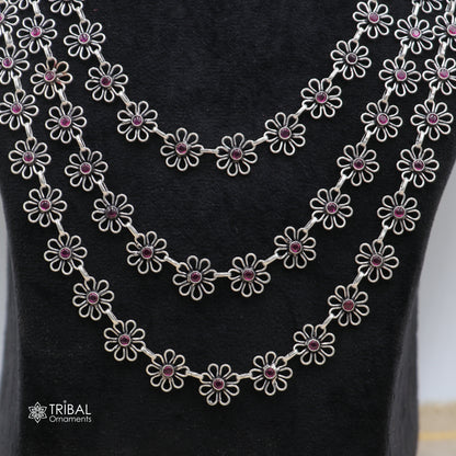 925 sterling silver floral style red stone 3-line necklace set by TRIBAL ORNAMENTS, featuring ethnic jewelry with intricate design.