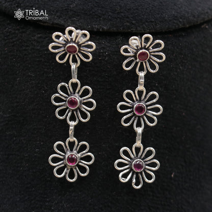 925 sterling silver floral style red stone 3-line necklace set by TRIBAL ORNAMENTS featuring intricate ethnic jewelry design.