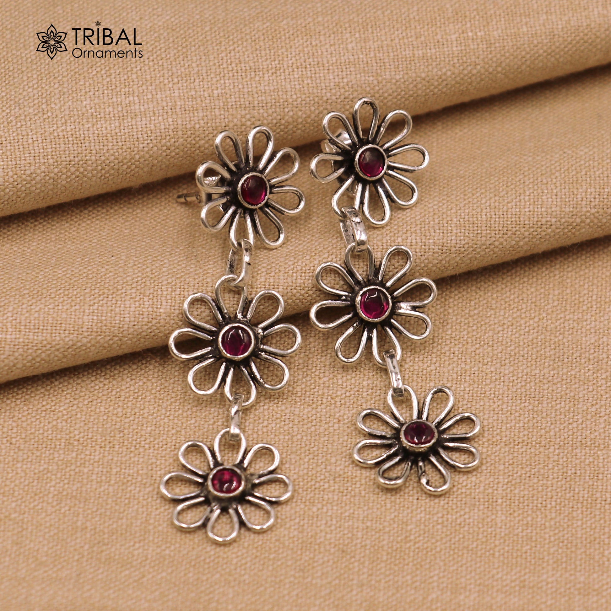 925 sterling silver floral style red stone 3 line necklace set ethnic jewelry set794 - TRIBAL ORNAMENTS