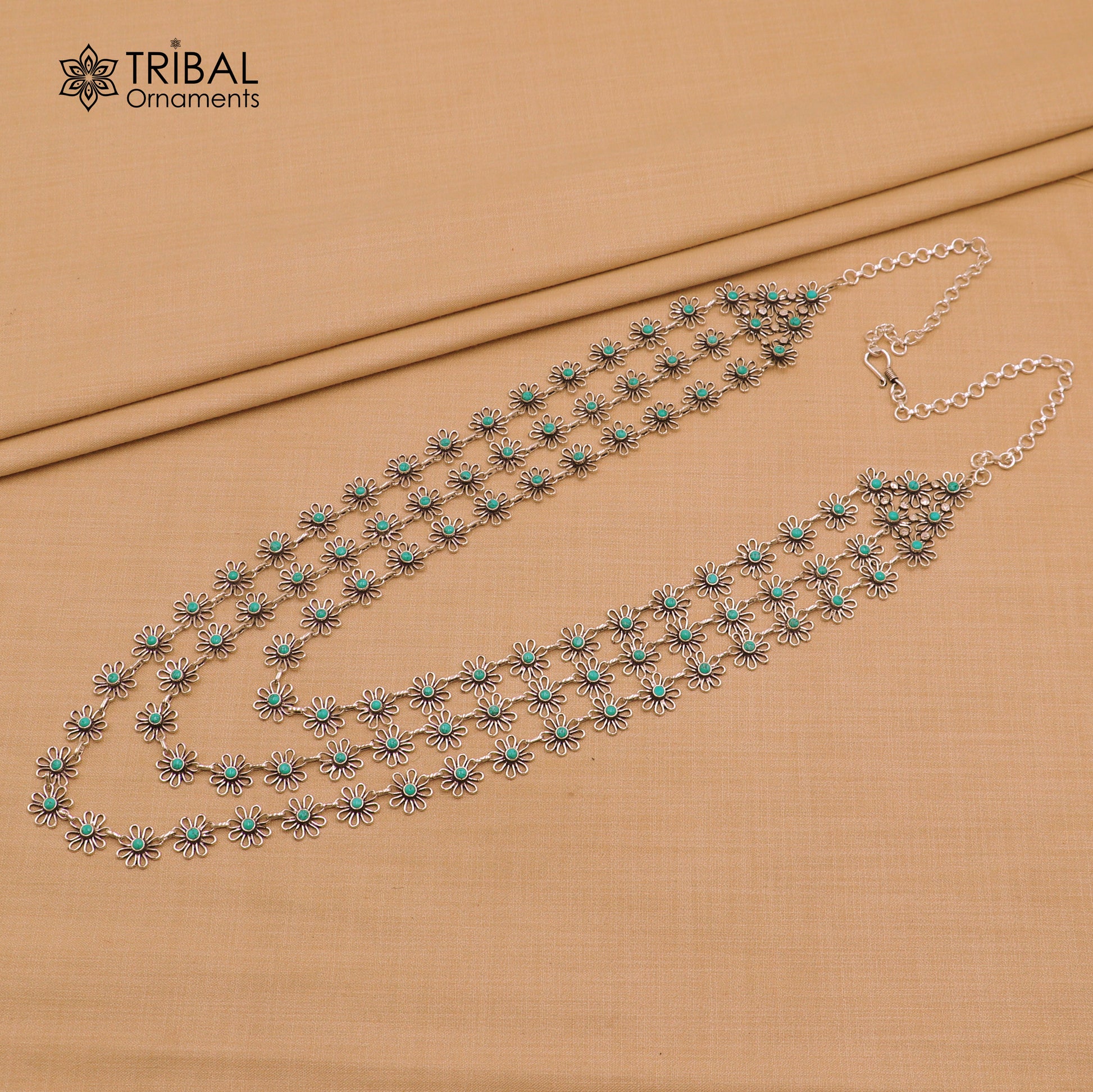 925 sterling silver floral style turquoise stone 3 line necklace set ethnic jewelry set793 - TRIBAL ORNAMENTS