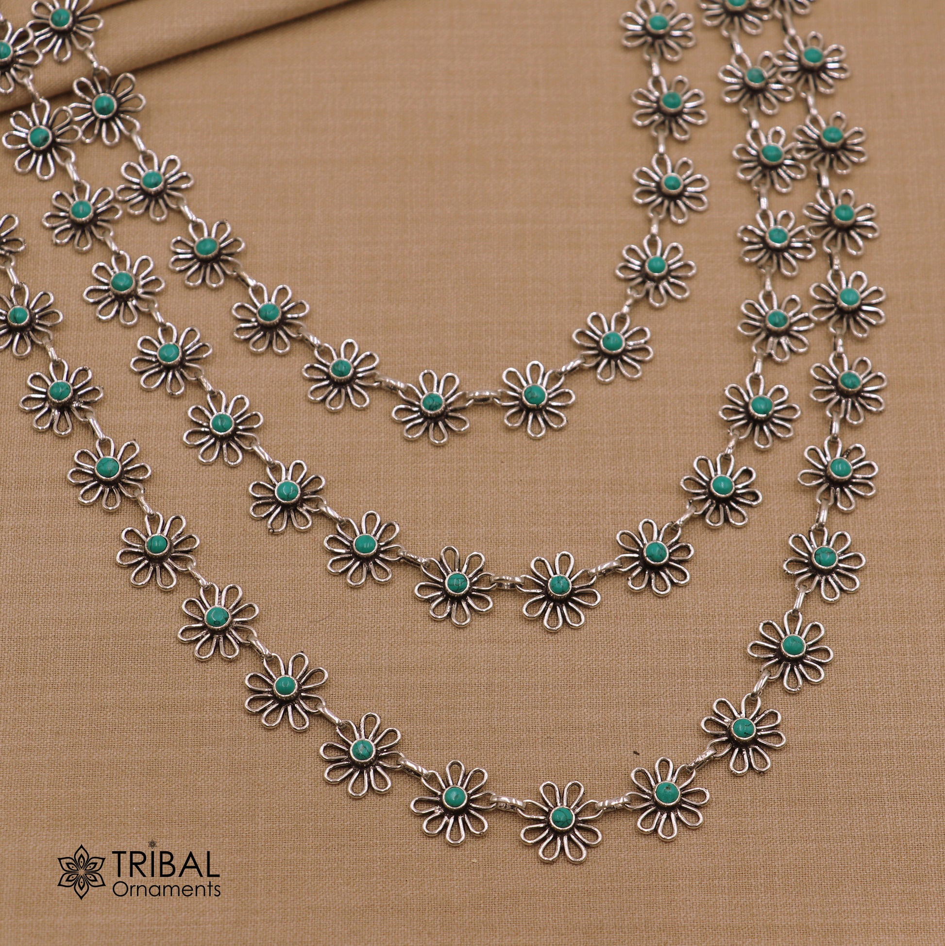 925 sterling silver floral style turquoise stone 3 line necklace set ethnic jewelry set793 - TRIBAL ORNAMENTS